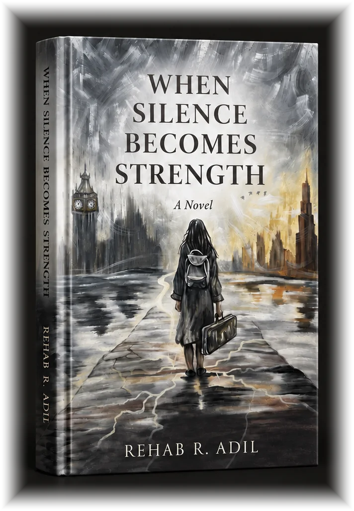 The hardback of When Silence Becomes Strength standing on a dark surface, its painted cover lit from the left.