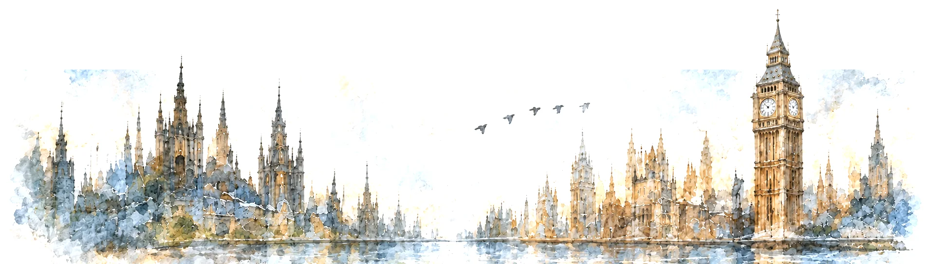 A watercolour of the London skyline stretched along the river.