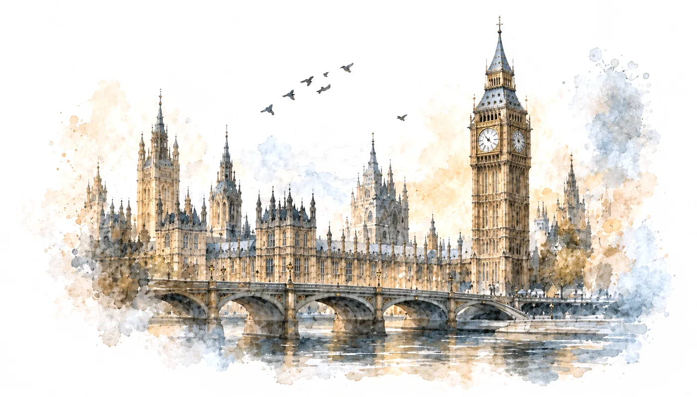 A watercolour of the Palace of Westminster and Big Ben seen across the Thames, birds overhead.