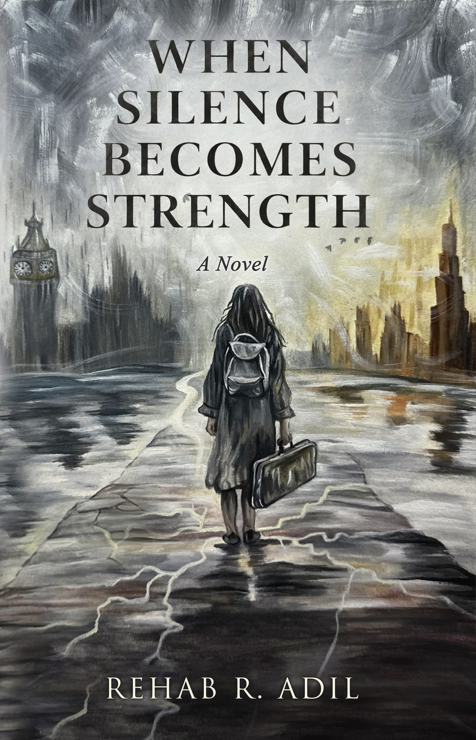 A watercolour of a young woman walking away down a cracked, rain-slicked road. Behind her the grey towers and clocktower of a storm-lit London; ahead of her, an amber Dubai skyline breaking through the weather.